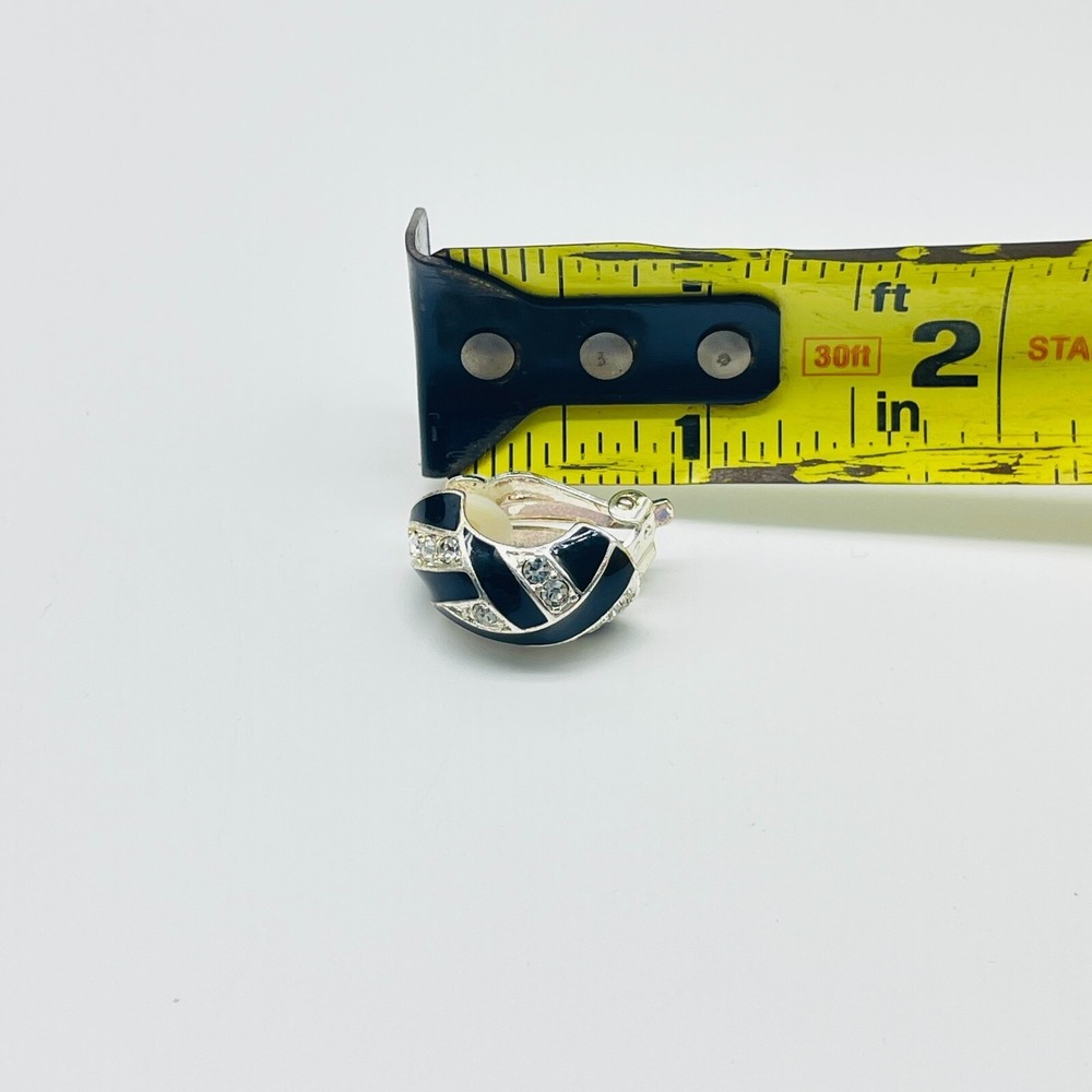 Vintage Rhinestone Clip On Earrings Black Enamel Silver Tone Statement Retro - Picture 3 of 11